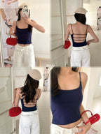 Lyocell Cotton Backless Cami 5022 | Thin Strap Tank with Built-In Bra Pad